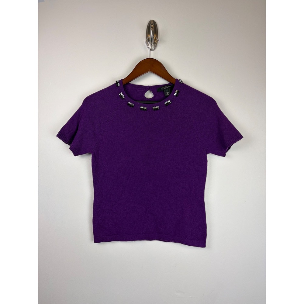 Weekend Max Mara Sweater Medium Purple Wool Cashmere Rhinestone Short Sleeve Top
